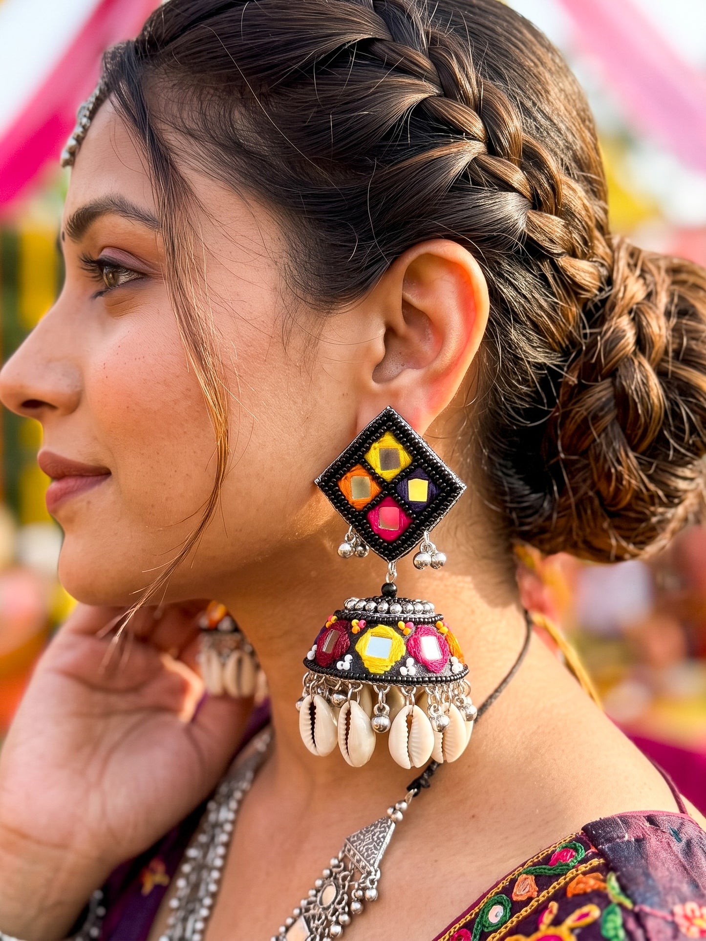 Navrang Mirror Handmade Beaded Jhumka Earrings
