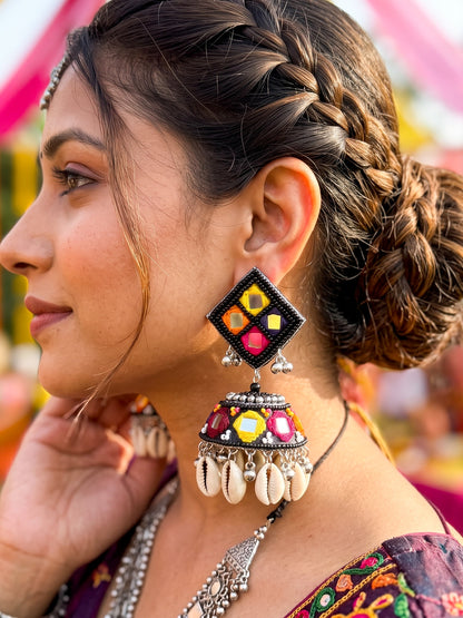 Navrang Mirror Handmade Beaded Jhumka Earrings