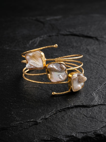 Golden Tide Mother of Pearl Handmade Brass Cuff Bracelet