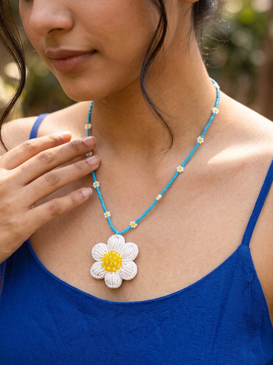 Spring Bloom Blue White Daisy Handmade Beaded Necklace