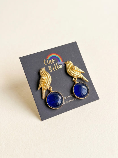 Hello Birdie Handmade Brass Earrings - Blue Round