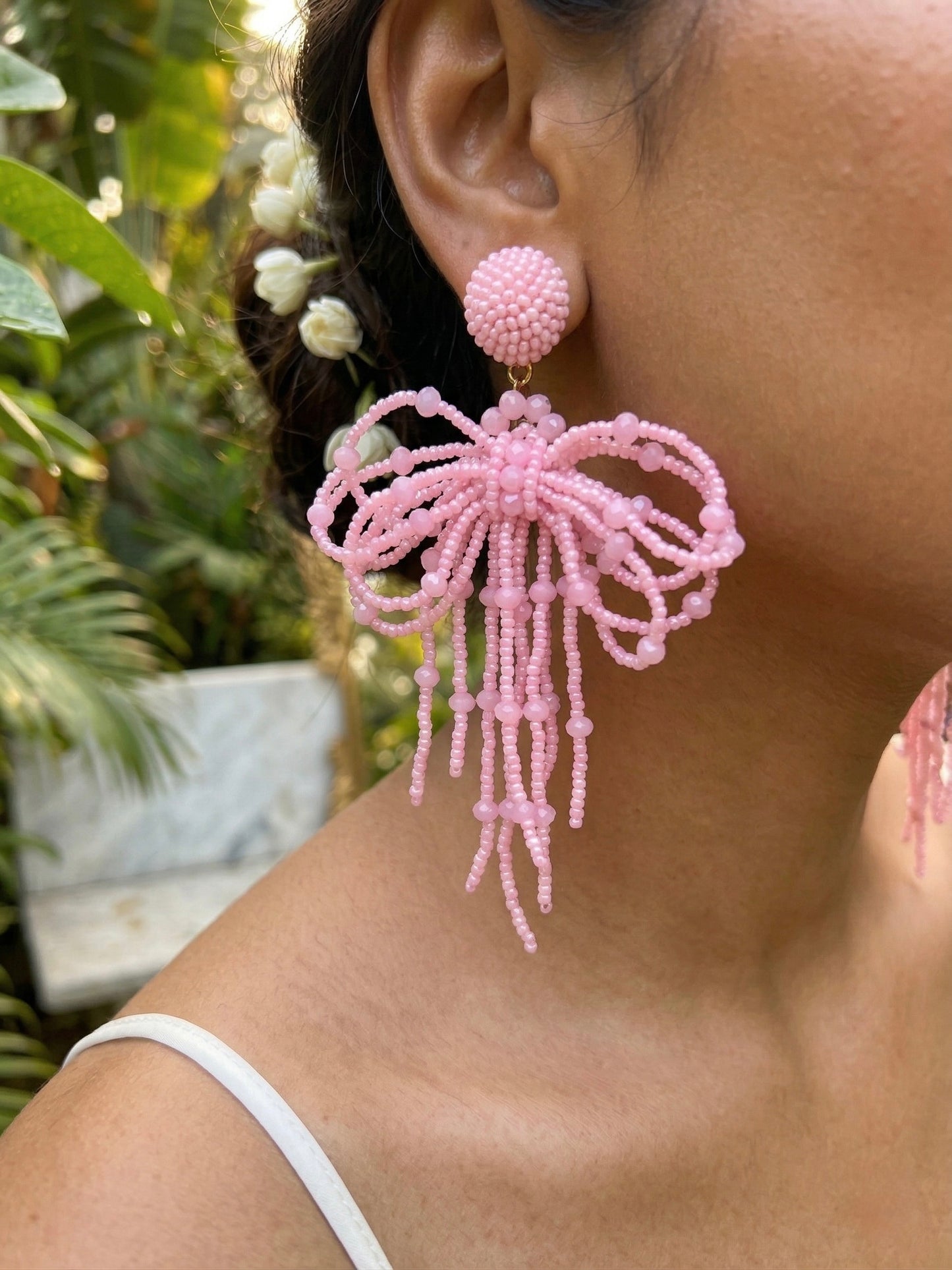 Pookie Bow (Baby Pink) Handmade Beaded Earrings