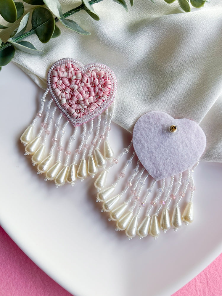 Blush Pink Heart Drop Handmade Beaded Tassel Earrings