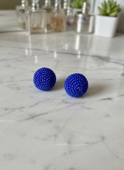 Lapiz Blue Round Handmade Beaded Stud Earrings