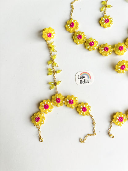 Sparkling Yellow Pink Daisy Flower Handmade Beaded Haldi Jewellery Set (Necklace + Earrings + Hathphools + Maangtika)