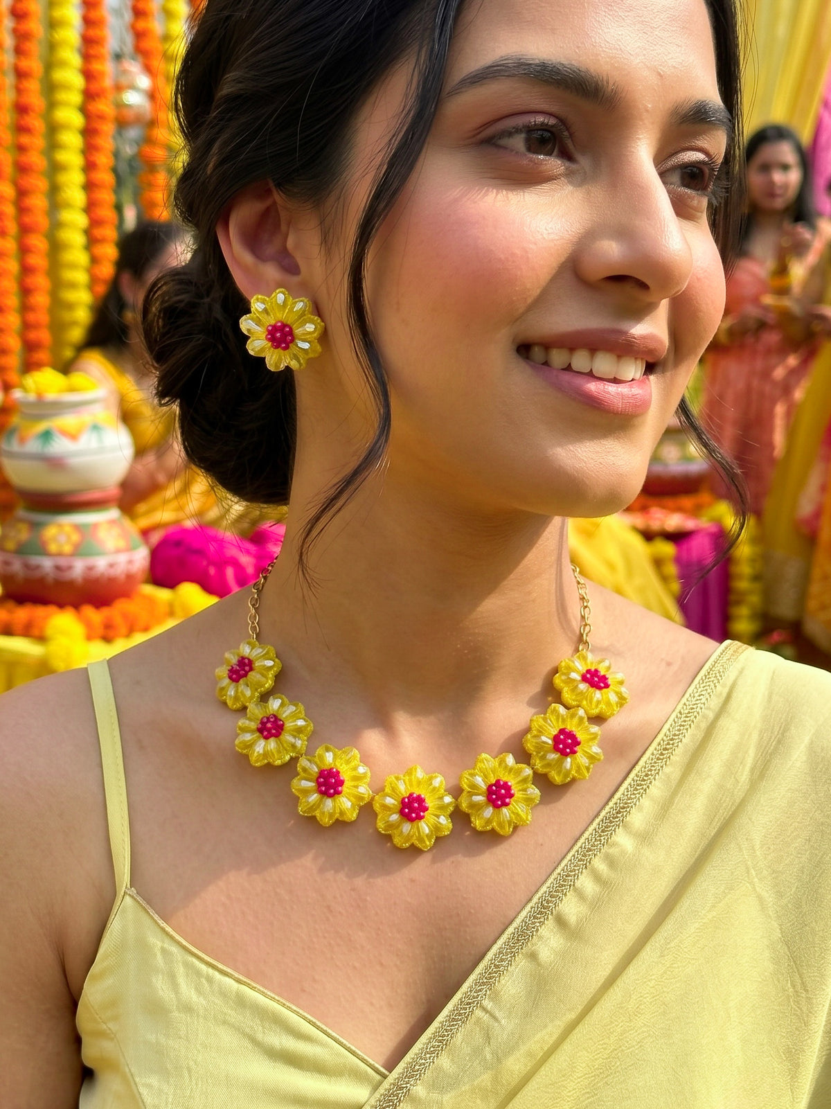 Sparkling Yellow Pink Daisy Handmade Beaded Necklace + Earrings Set