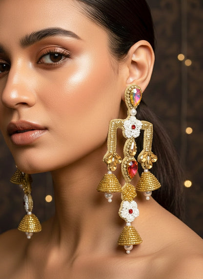 Rajwada Green Red Danglers Handmade Beaded Statement Earrings