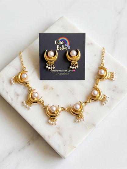 Noor Crescent Pearl Handmade Brass Necklace Set