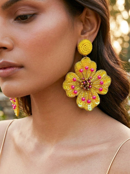 Sunny Glow Yellow Flower Handmade Beaded Earrings