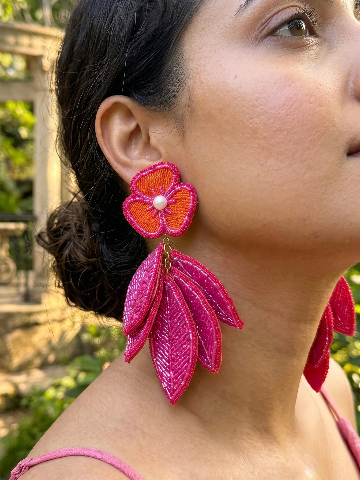 Luxe Leafy Affair Hot Pink Handmade Beaded Butterfly Earrings