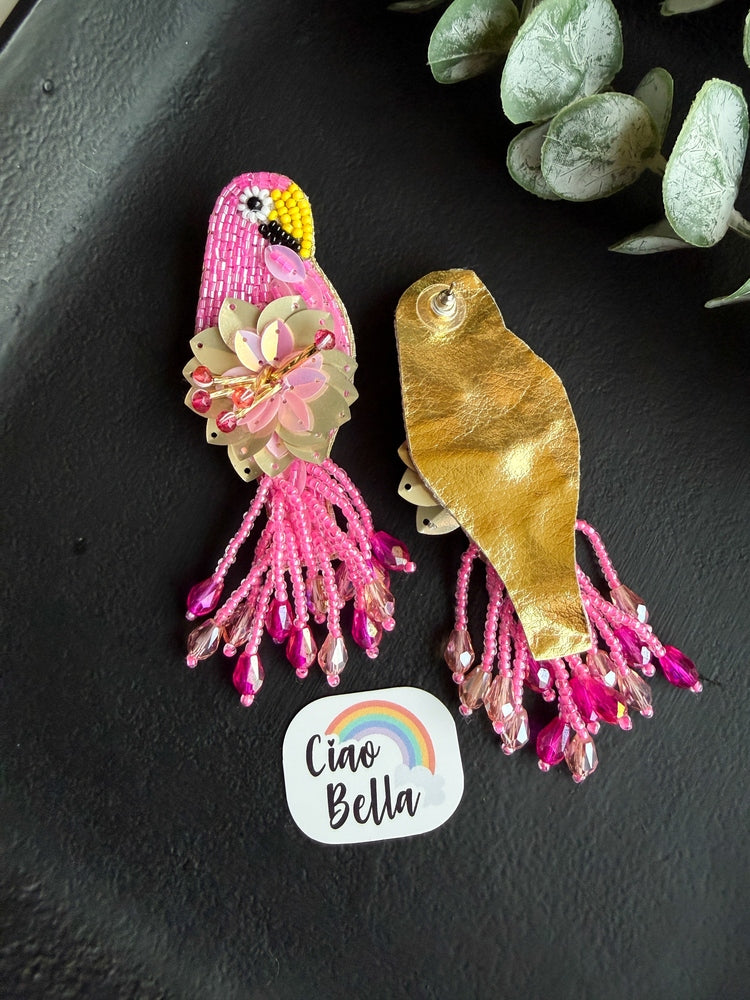 Luxe Paradise Pink Parrot Handmade Beaded Bird Earrings