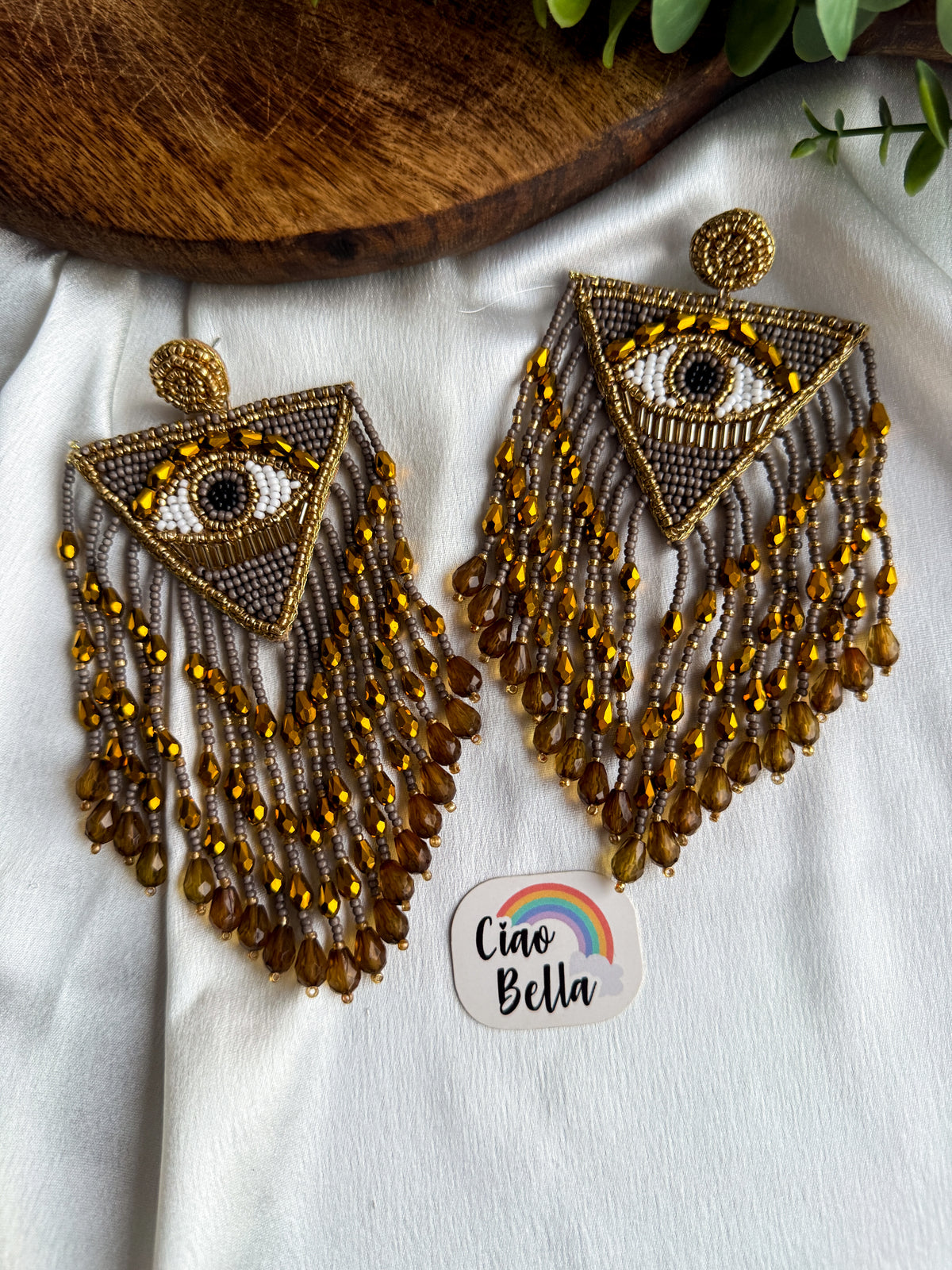Luxe Evil Eye Bronze Handmade Beaded Tassel Earrings