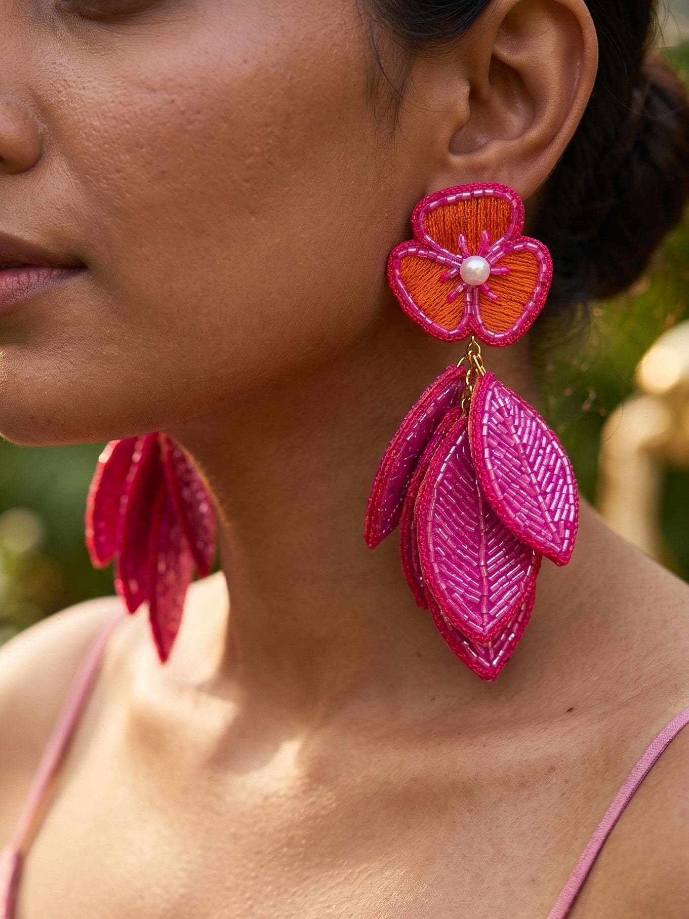 Luxe Leafy Affair Hot Pink Handmade Beaded Butterfly Earrings