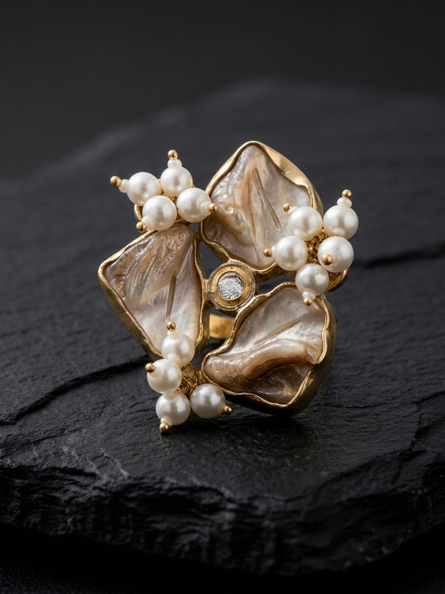 Mother of Pearl Kundan Handmade Brass Ring