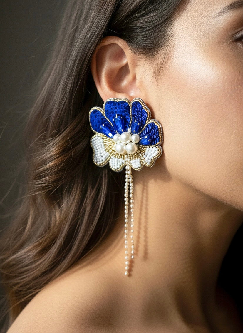 Floral Fiesta Blue Handmade Beaded Flower Earrings