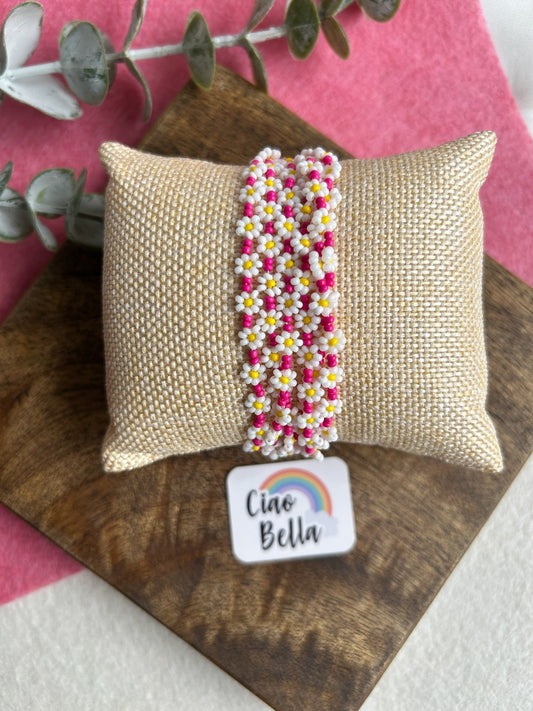 Spring Bloom Pink White Daisy Handmade Beaded Bracelet
