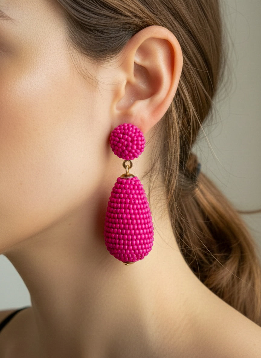 Fuchsia Pink Drop Handmade Beaded Earrings