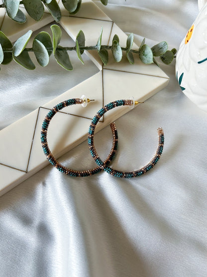 Golden Teal Fusion Hoop Handmade Beaded Earrings