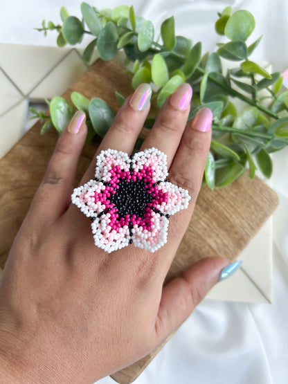 Blossoming Pink Flower Handmade Beaded Ring