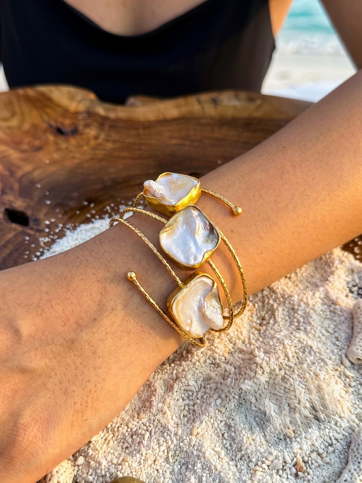 Golden Tide Mother of Pearl Handmade Brass Cuff Bracelet