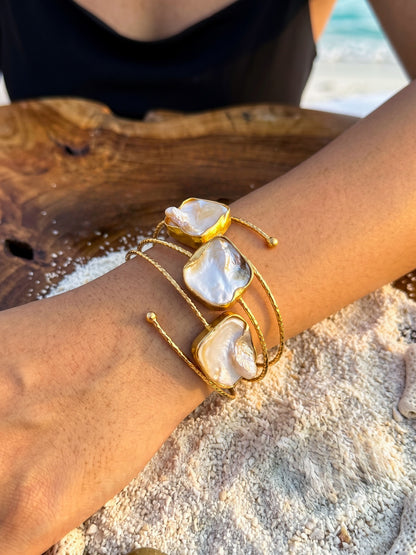 Golden Tide Mother of Pearl Handmade Brass Cuff Bracelet