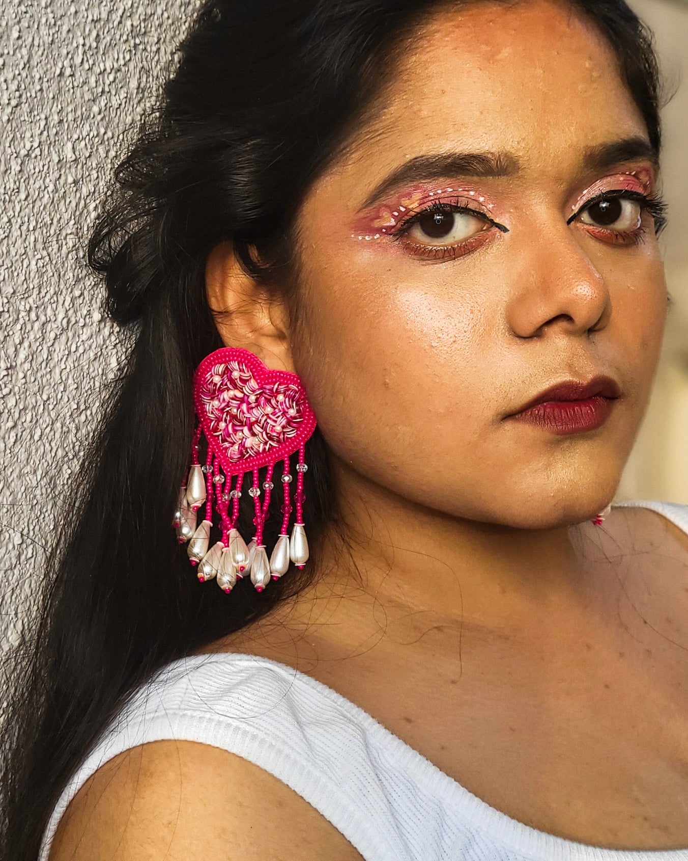 Hot Pink Heart Drop Handmade Beaded Tassel Earrings