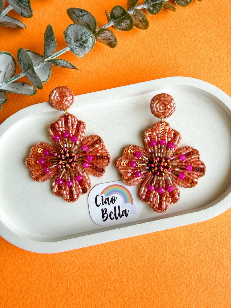 Sunset Orange Glow Flower Handmade Beaded Earrings