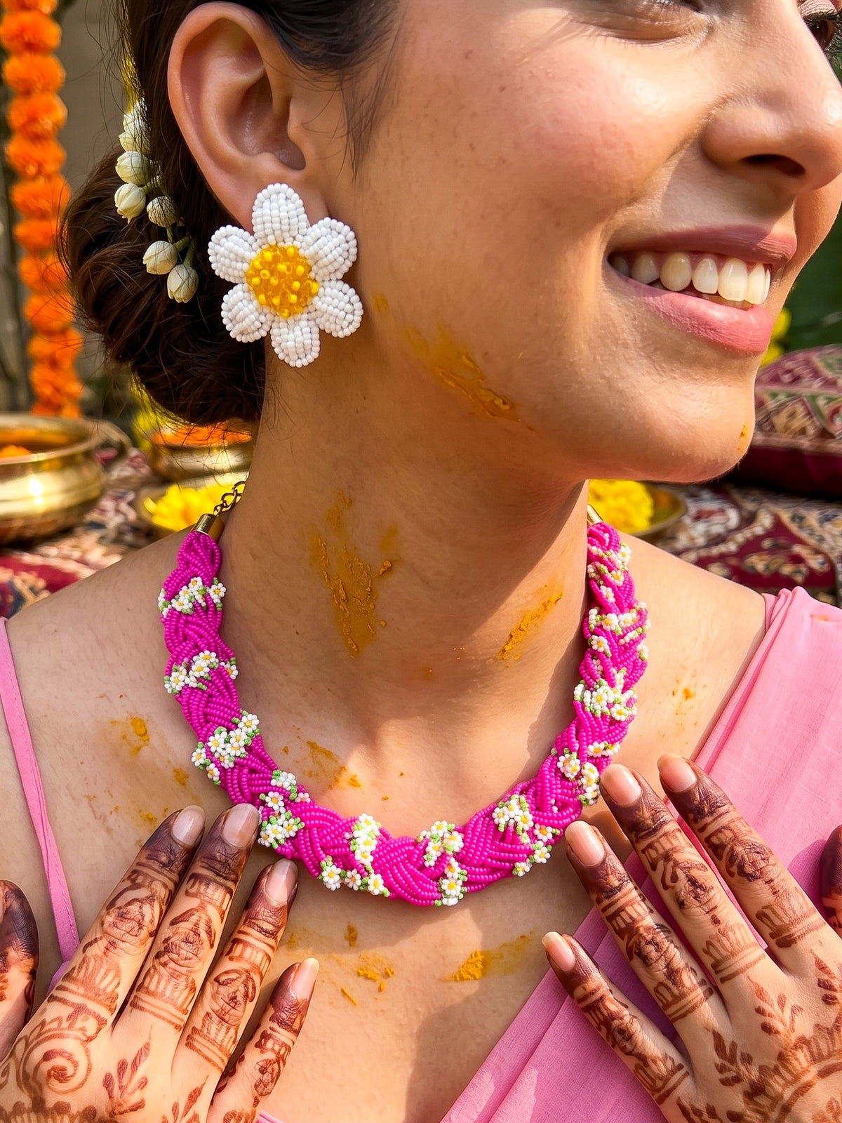 Luxe Flora Rose Pink Handmade Beaded Necklace + Earrings Set