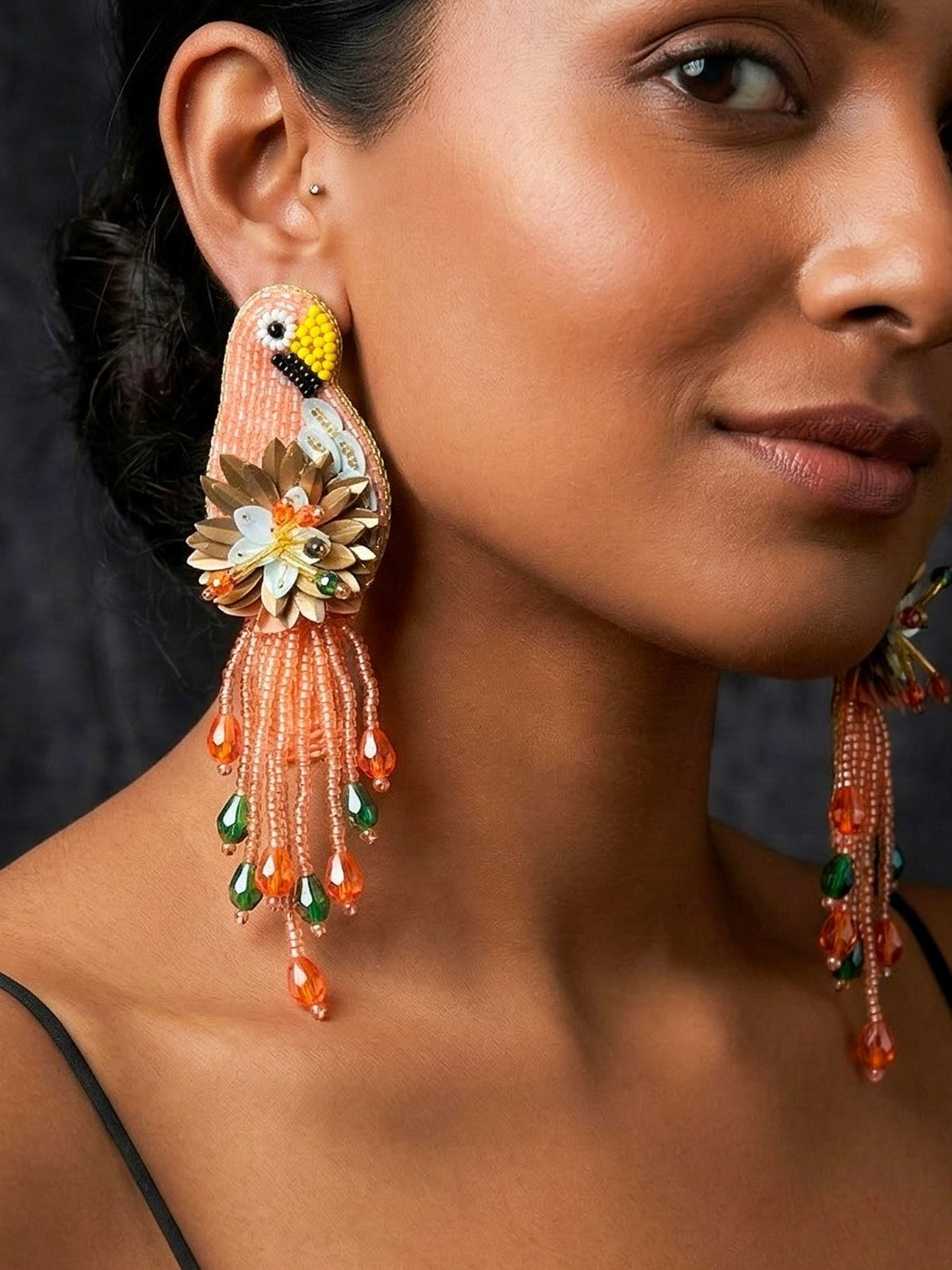 Luxe Paradise Peach Orange Parrot Earrings Handmade Beaded Bird Earrings