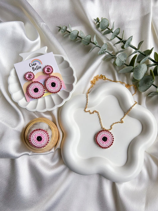 Blush Pink Evil Eye Handmade Beaded Necklace Set