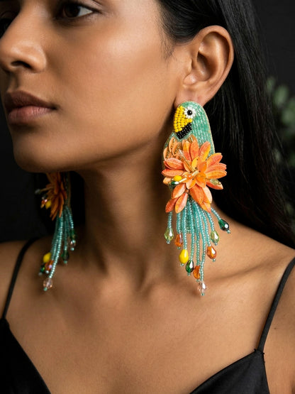 Luxe Paradise Mint Lagoon Orange Parrot Earrings Handmade Beaded Bird Earrings