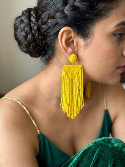 Luxe Sunny Yellow Handmade Beaded Tassel Earrings
