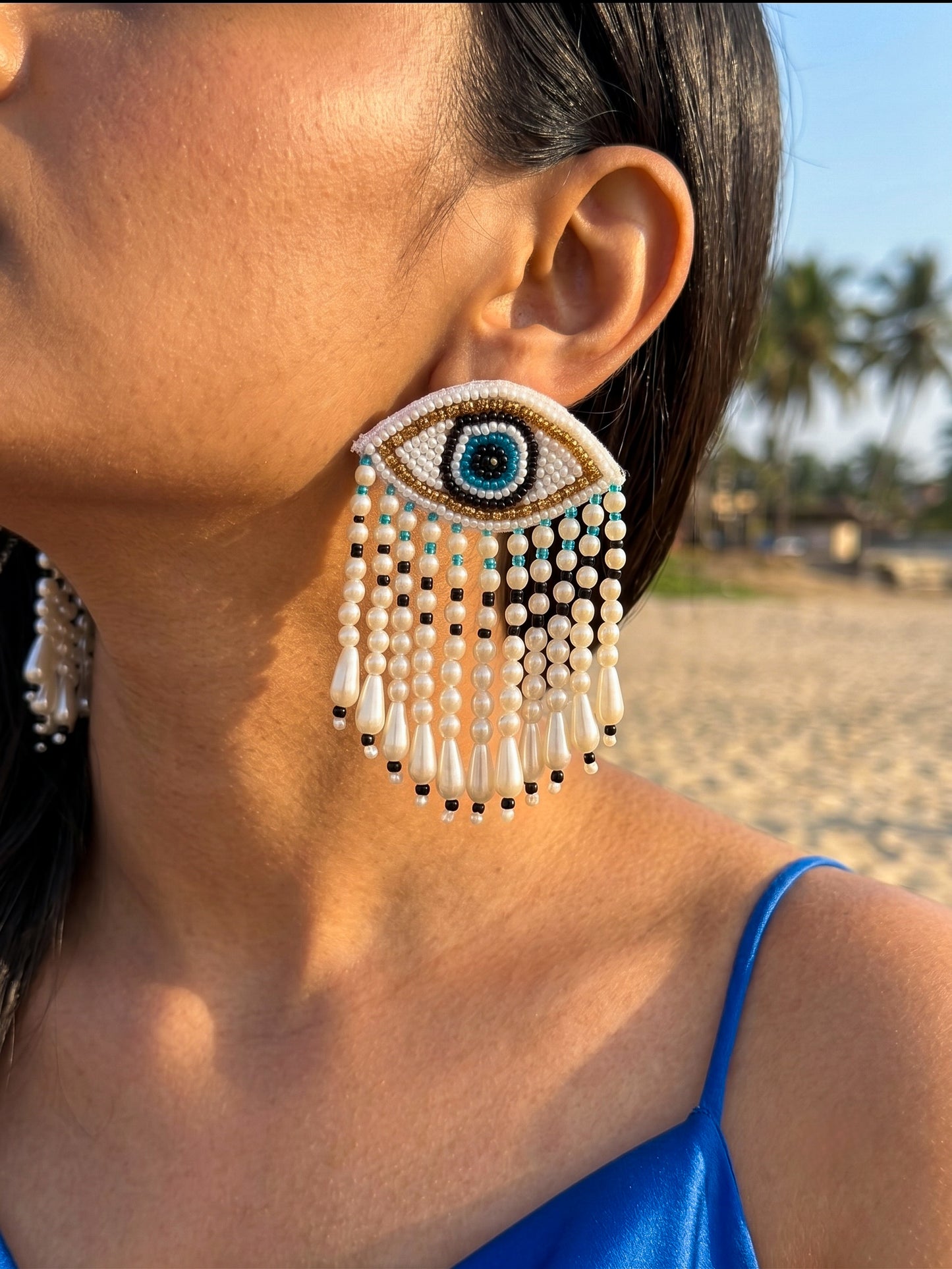 Mystic Evil Eye White Tassel Handmade Beaded Earrings