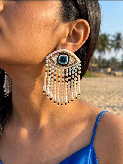 Mystic Evil Eye White Tassel Handmade Beaded Earrings