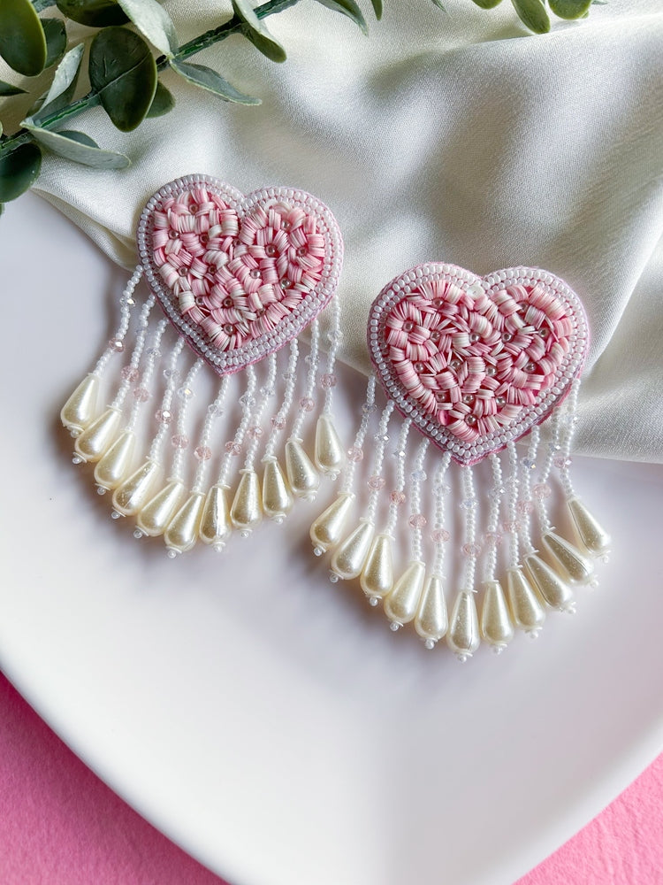 Blush Pink Heart Drop Handmade Beaded Tassel Earrings