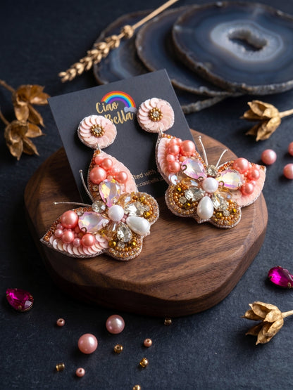 Luxe Crystal Peach Handmade Beaded Butterfly Earrings