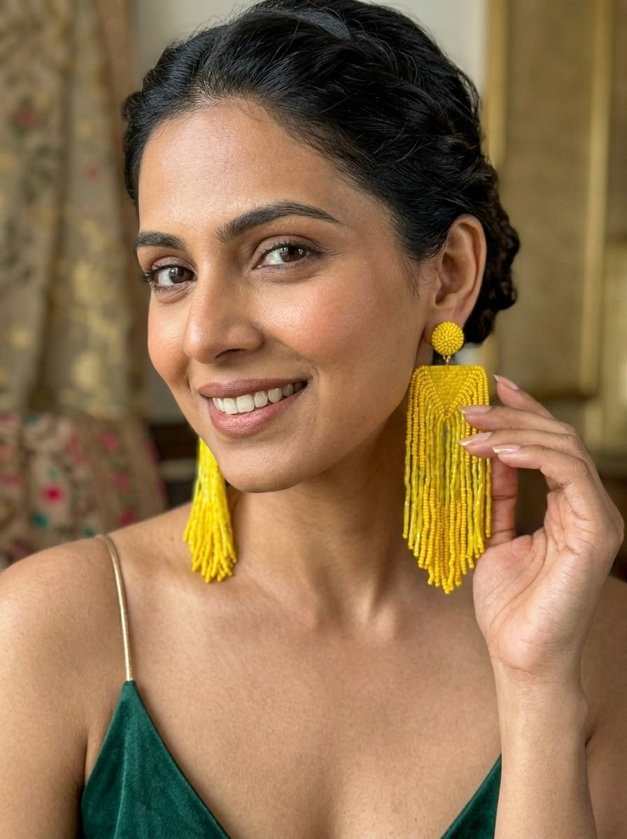 Luxe Sunny Yellow Handmade Beaded Tassel Earrings