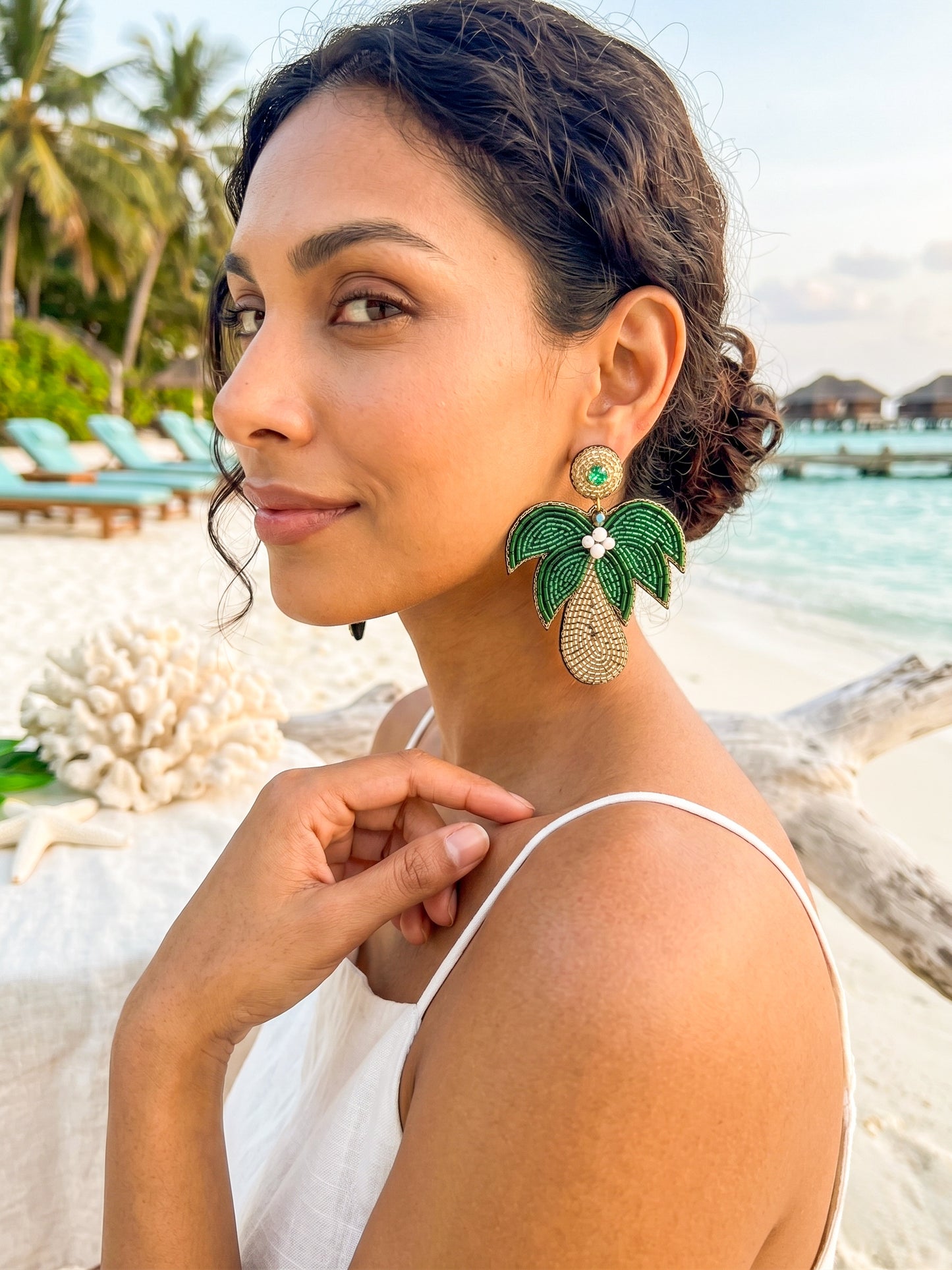 Tropical Palm Tree Green Handmade Beaded Earrings
