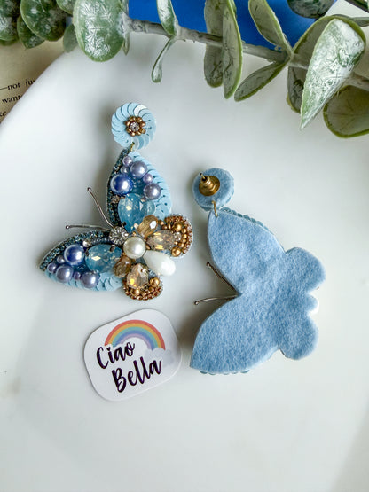 Luxe Crystal Blue Handmade Beaded Butterfly Earrings