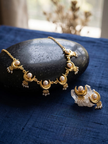 Noor Crescent Pearl Handmade Brass Necklace Set