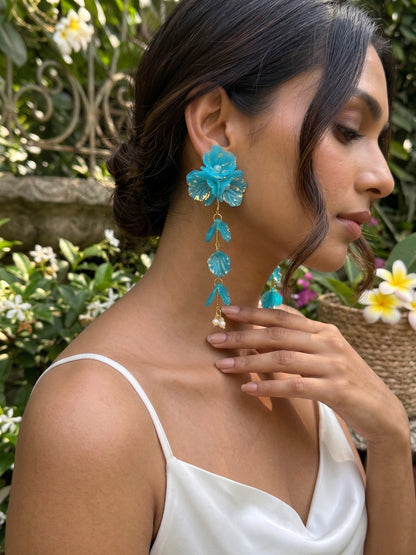 Aurelia Flower Teal Blue Statement Handmade Beaded Earrings