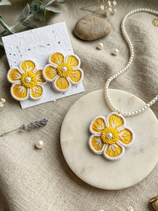 Sunshine Yellow Blossom Flower Handmade Beaded Necklace + Earrings Set