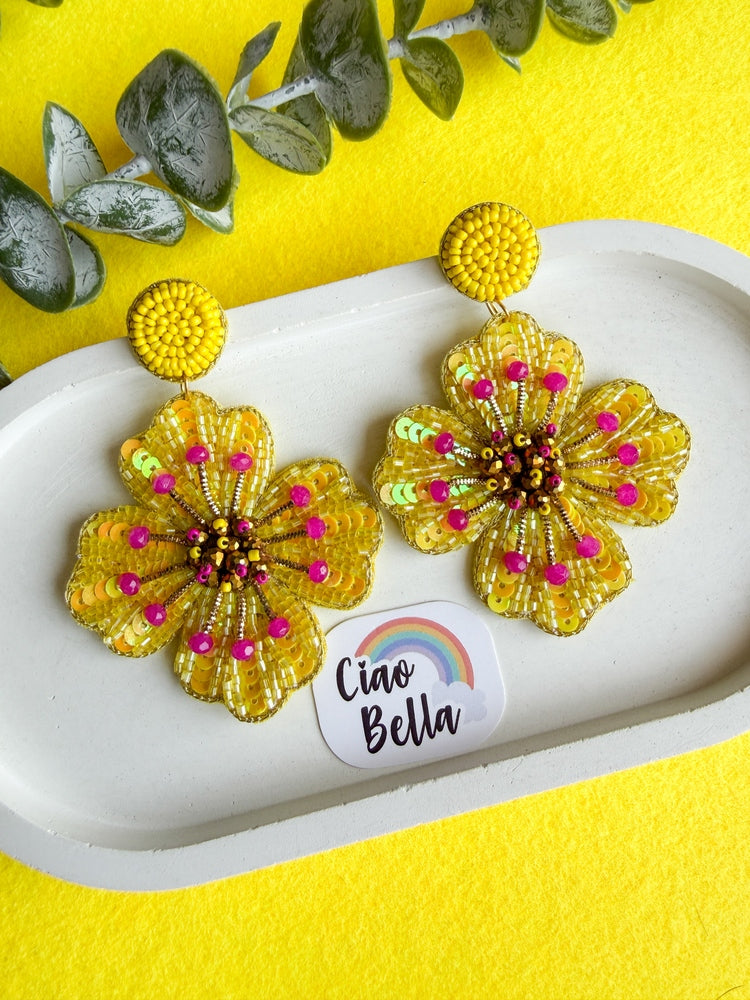 Sunny Glow Yellow Flower Handmade Beaded Earrings