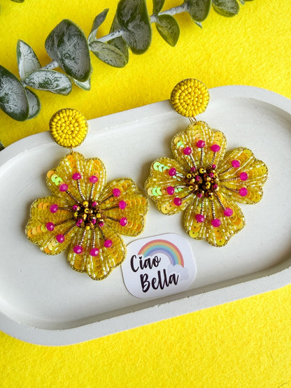 Sunny Glow Yellow Flower Handmade Beaded Earrings
