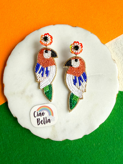 Tiranga Parrot Handmade Tricolour Beaded Bird Earrings