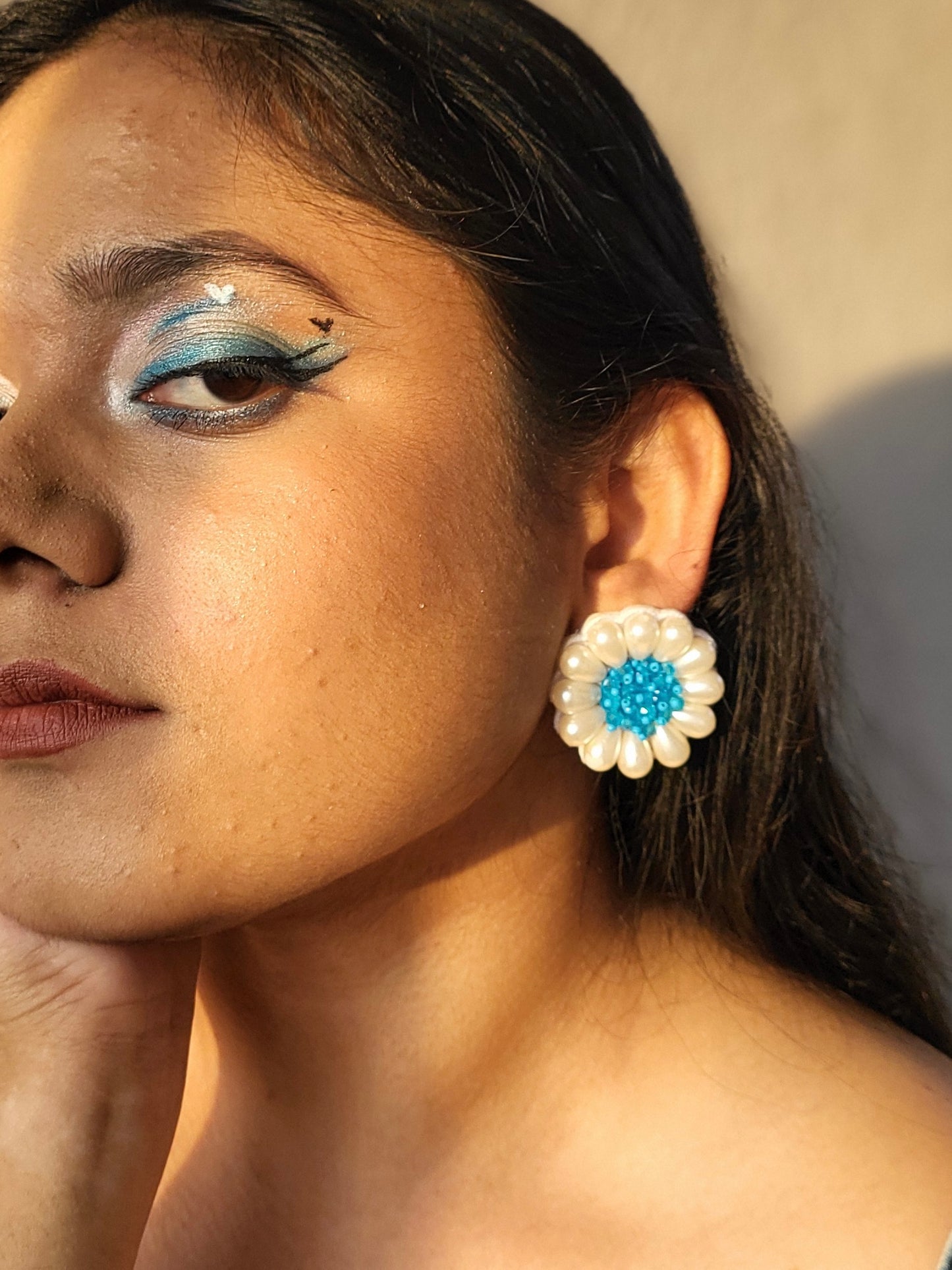 Cool Blue Daisy Stud Handmade Beaded Flower Earrings