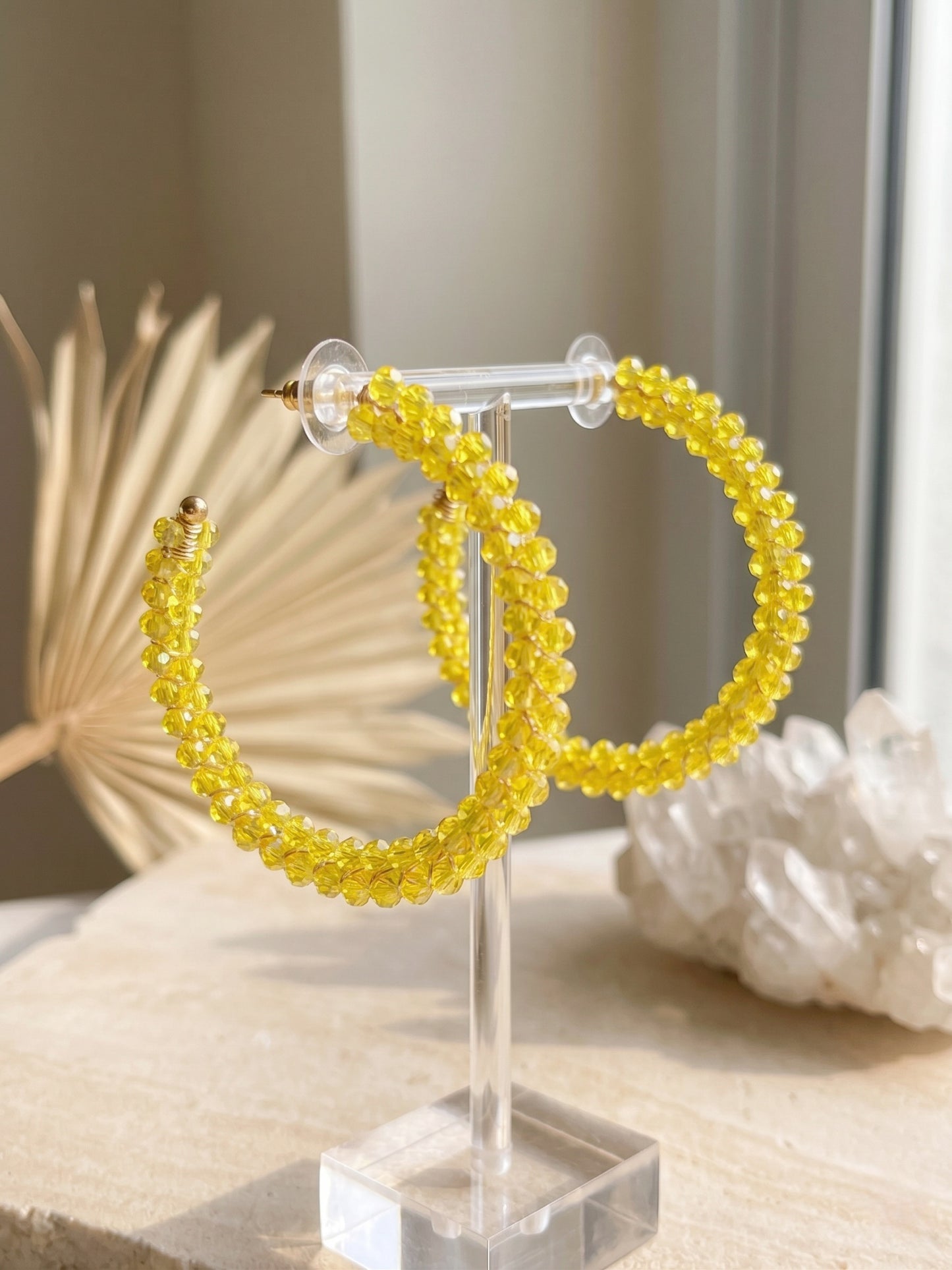 Woven Yellow Crystal Handmade Beaded Hoop Earrings