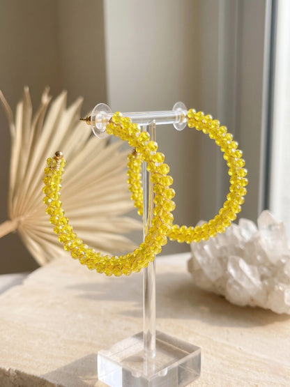 Woven Yellow Crystal Handmade Beaded Hoop Earrings