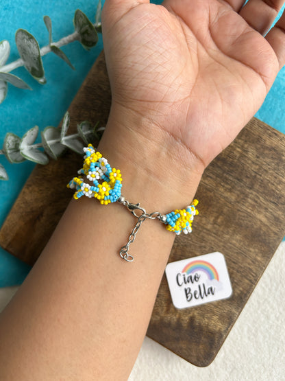 Spring Bloom Blue Yellow White Daisy Handmade Beaded Bracelet