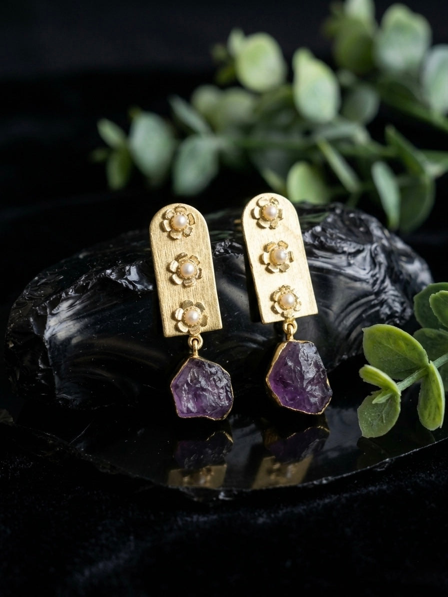 Flora Royale – Amethyst Handmade Brass Earrings